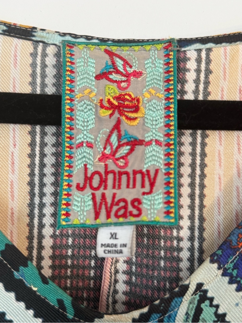 Johnny Was Multicolor Embroidered Neckline Top - Teal & Red Accents - Picture 2 of 3